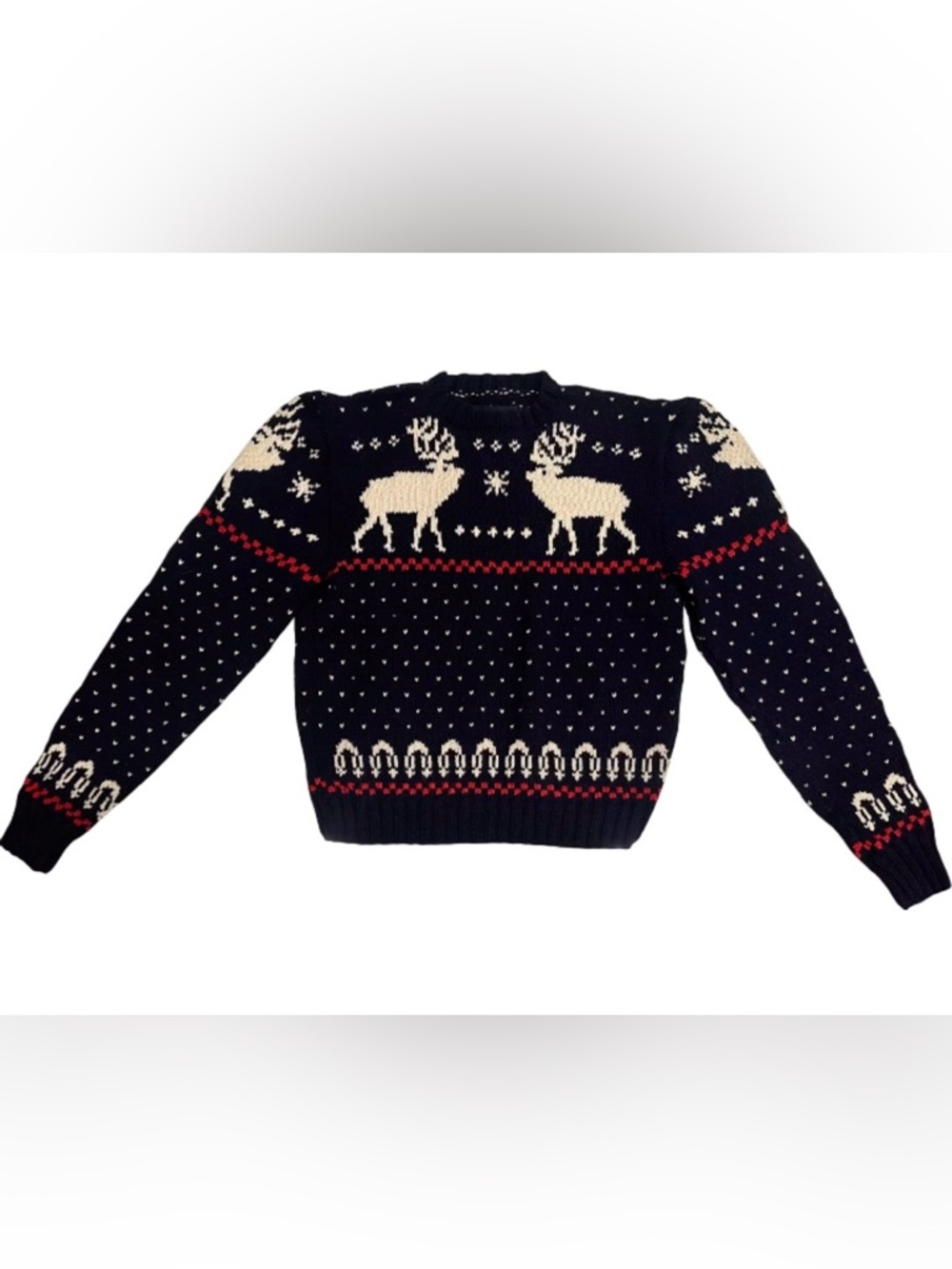 Vintage Hand Knit Fair Isle Moose Sweater Womens Navy Wool Nordic Crewneck